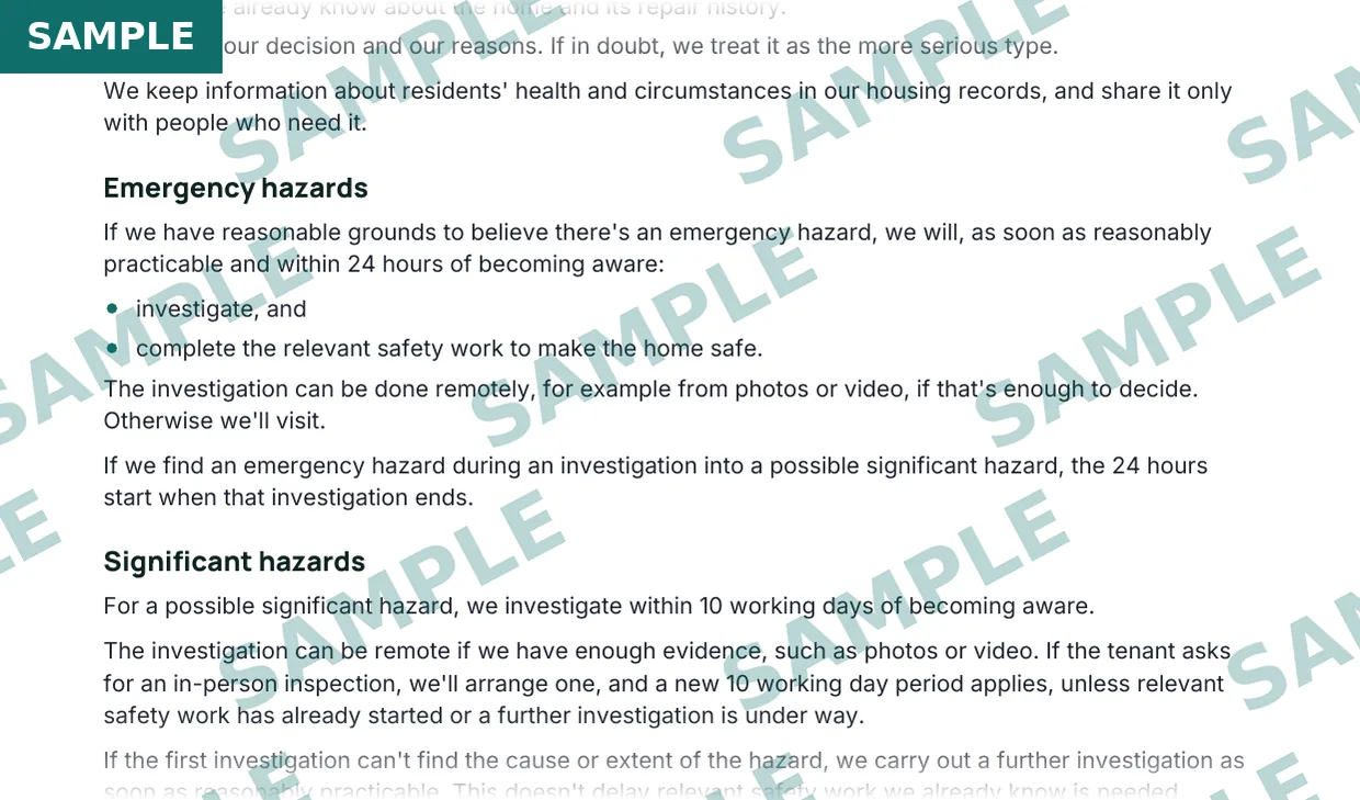 Awaab's Law procedure template for social landlords, sample extract 2