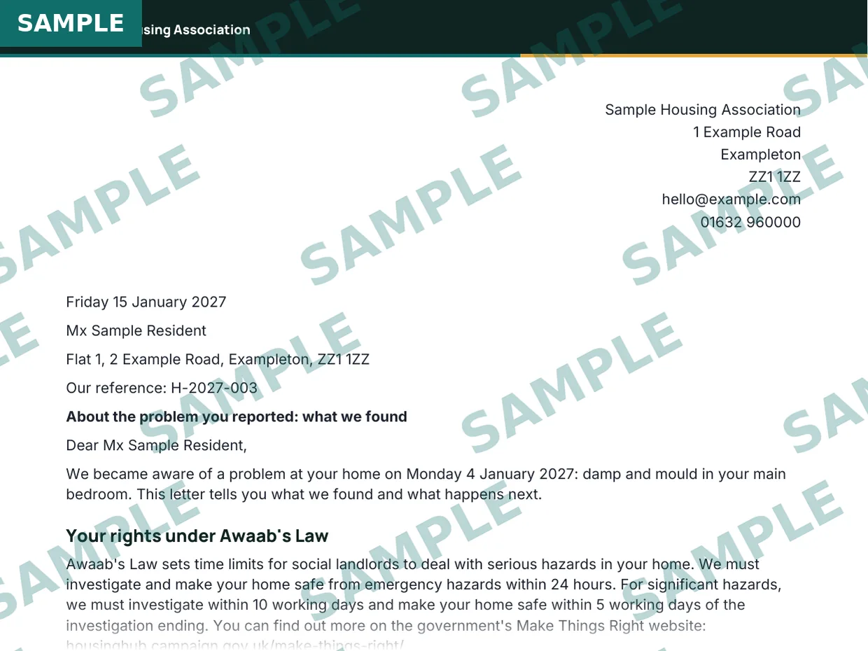 Awaab's Law written summary letter, sample extract 1