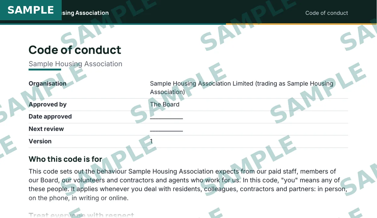 Code of conduct template for housing staff and volunteers, sample extract 1