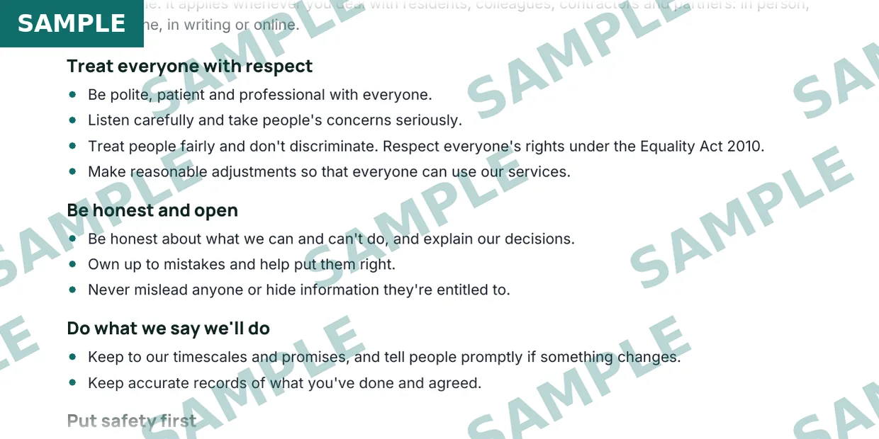 Code of conduct template for housing staff and volunteers, sample extract 2