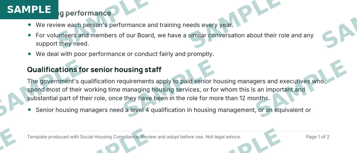 Competence and conduct policy template, sample extract 2
