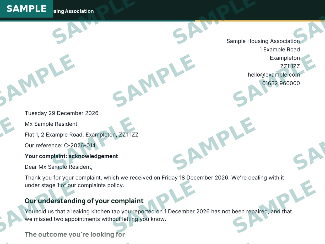Stage 1 complaint acknowledgement letter, sample extract 1