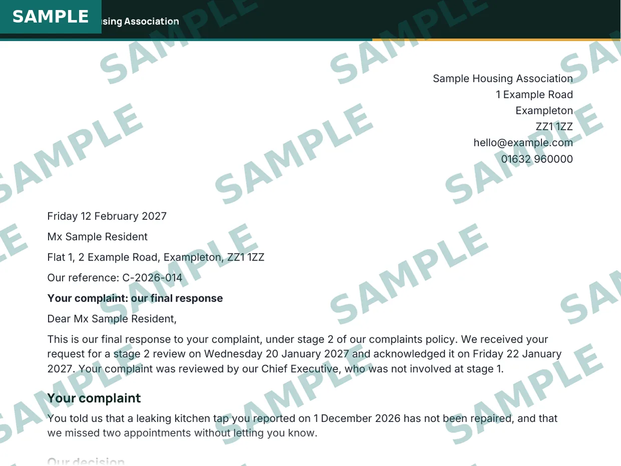 Stage 2 final response letter, sample extract 1