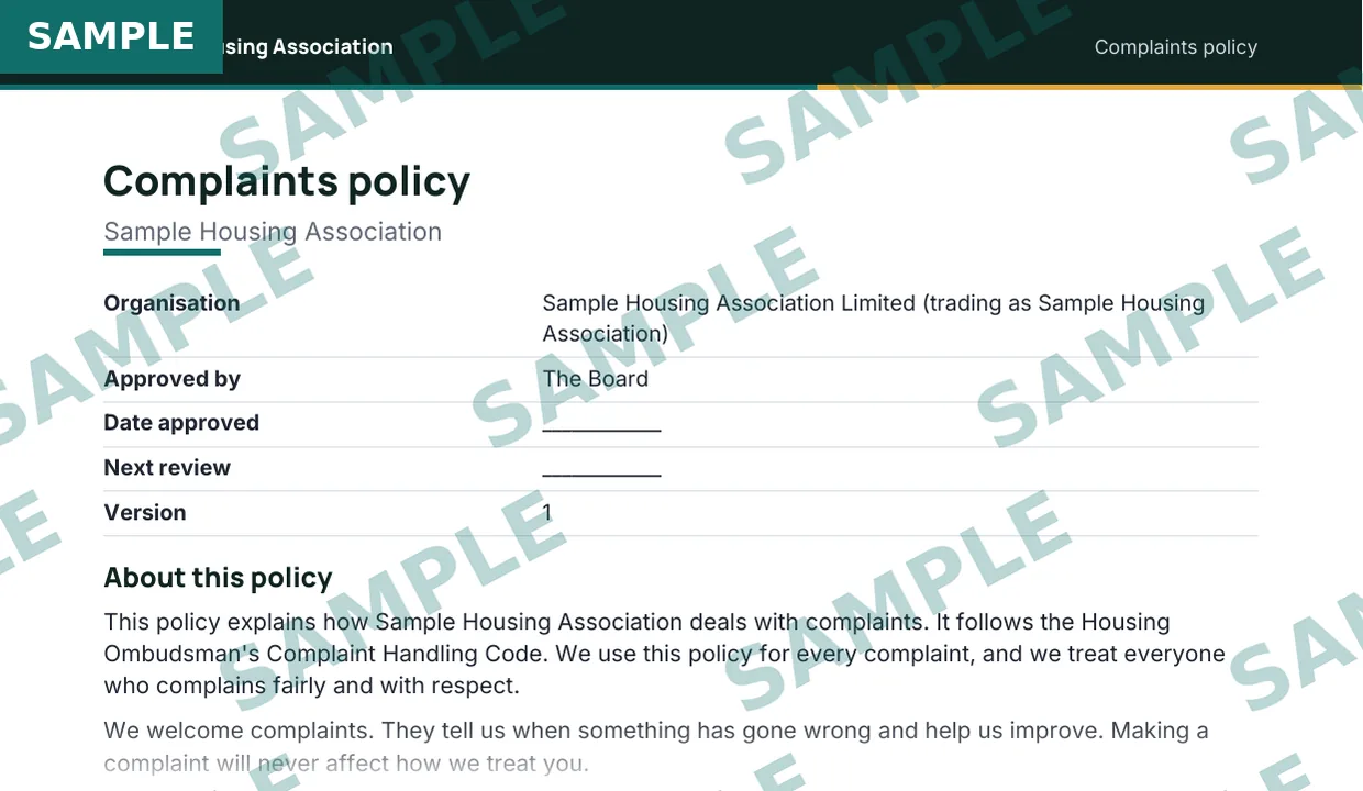 Complaints policy template for housing associations, sample extract 1