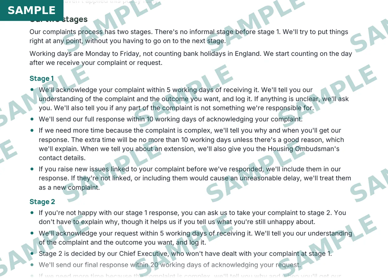 Complaints policy template for housing associations, sample extract 2